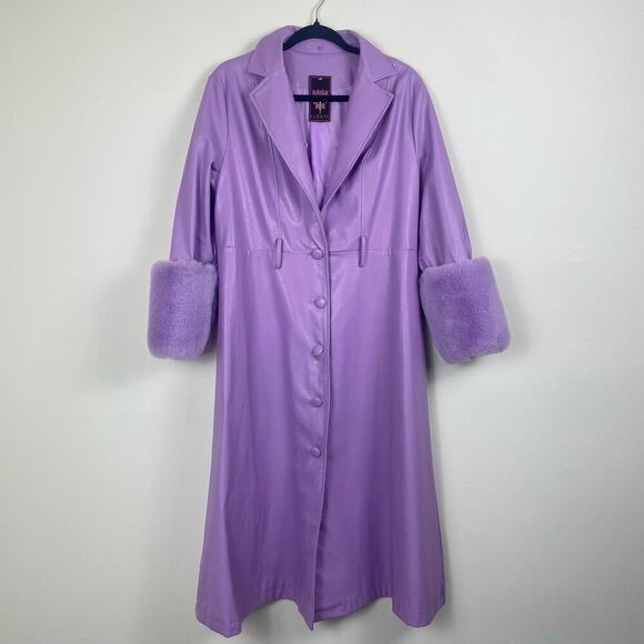 Purple faux leather trench coat with fur puff sleeves size M - Picture 1 of 8